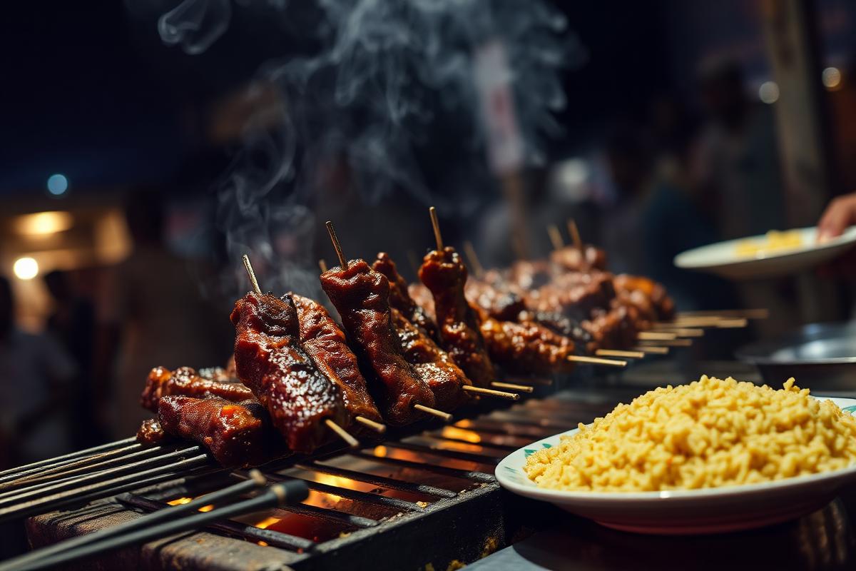 Suya grillé et jollof rice dans une rue de Lagos, Nigeria