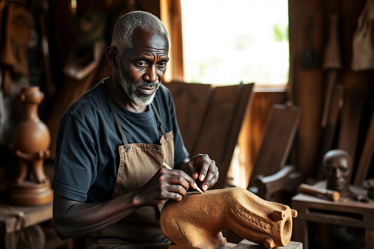Sculpteur sur bois dans son atelier de Kpalimé, Togo